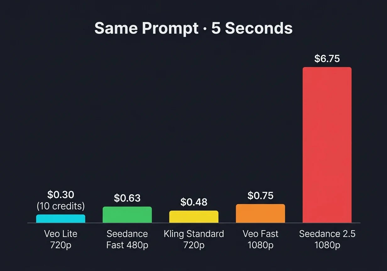 Same prompt credit and dollar gap: Veo Lite vs Seedance 2.5